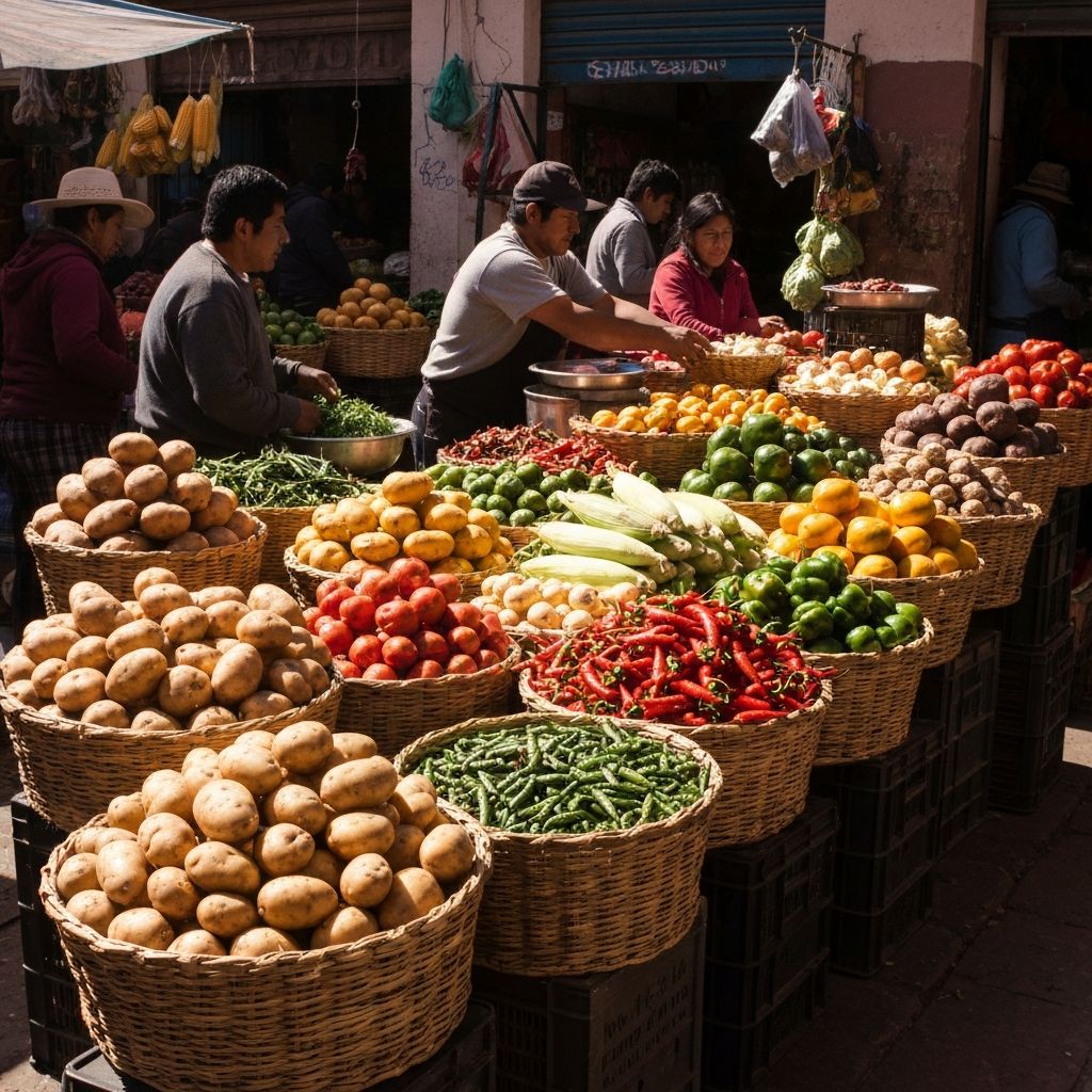 A traditional outdoor market with colorful fresh produce in woven baskets